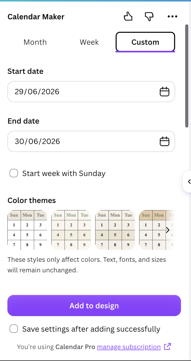 Calendar Maker Custom tab with a start and end date range