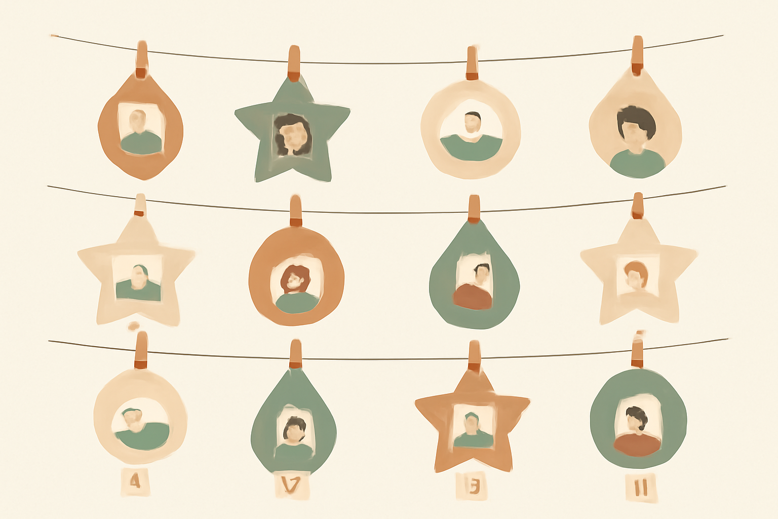 Ornament-shaped photo frames hung on string as an advent countdown