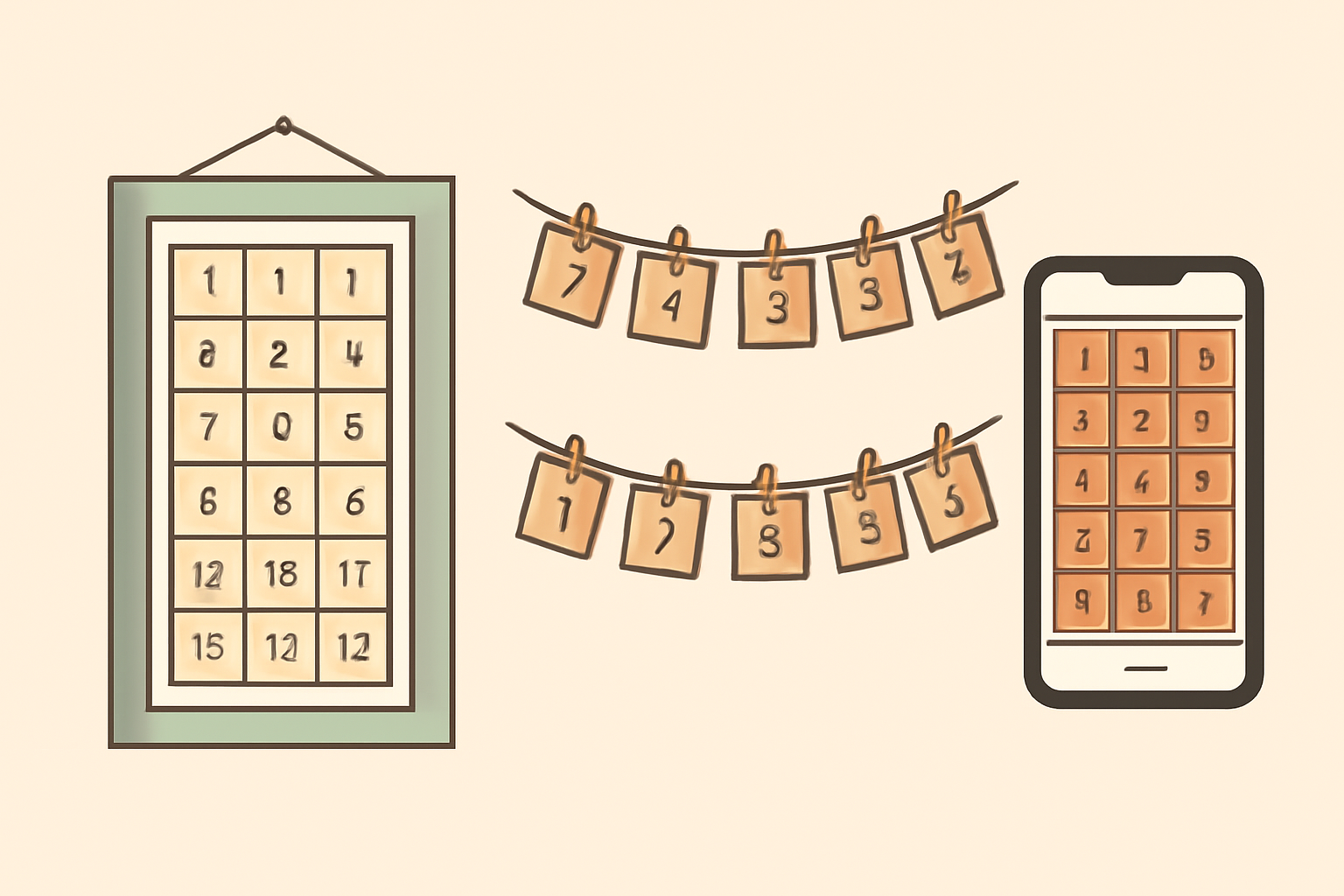 Three advent calendar formats: printed poster, envelope garland and phone screen