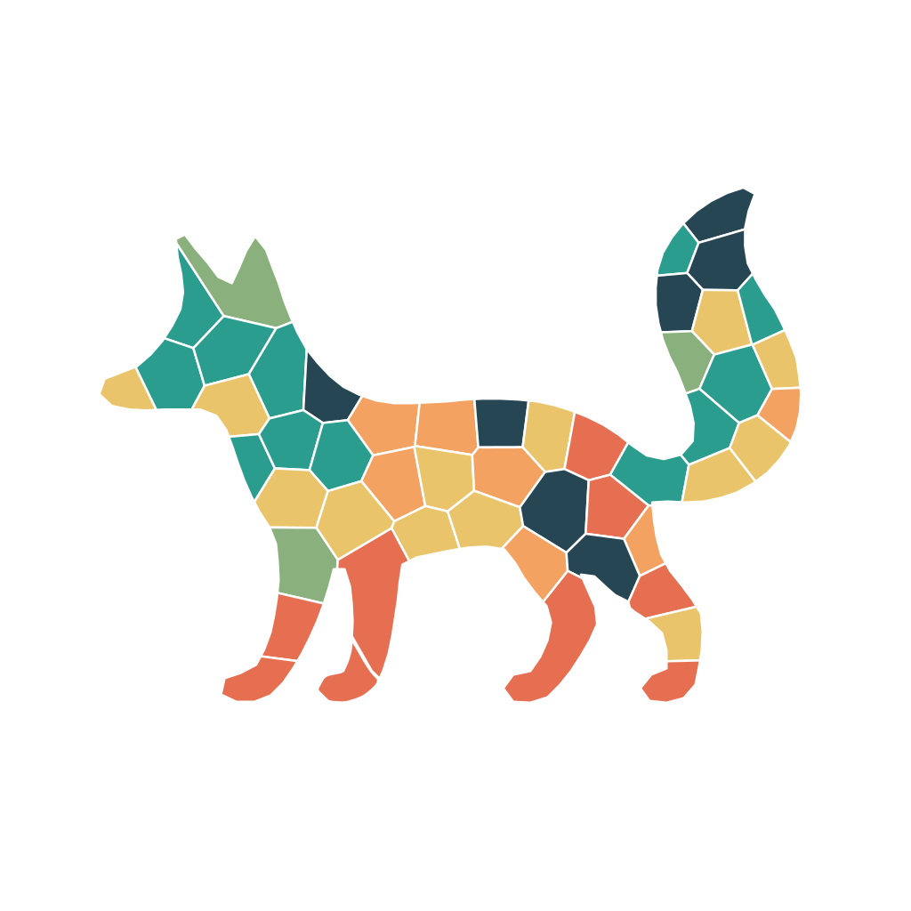 Fox mosaic sticker split into 51 colored pieces in a forest palette