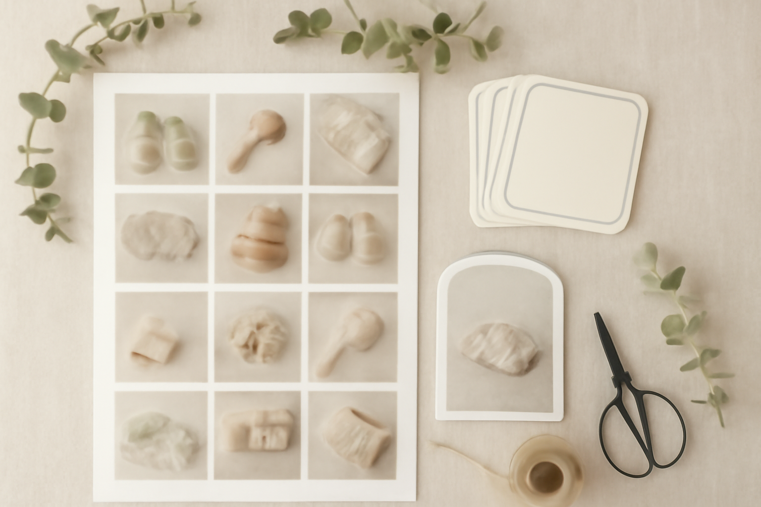 Flat lay of a twelve-photo first-year grid poster, a stack of blank milestone cards and an arch-top announcement card on cream linen