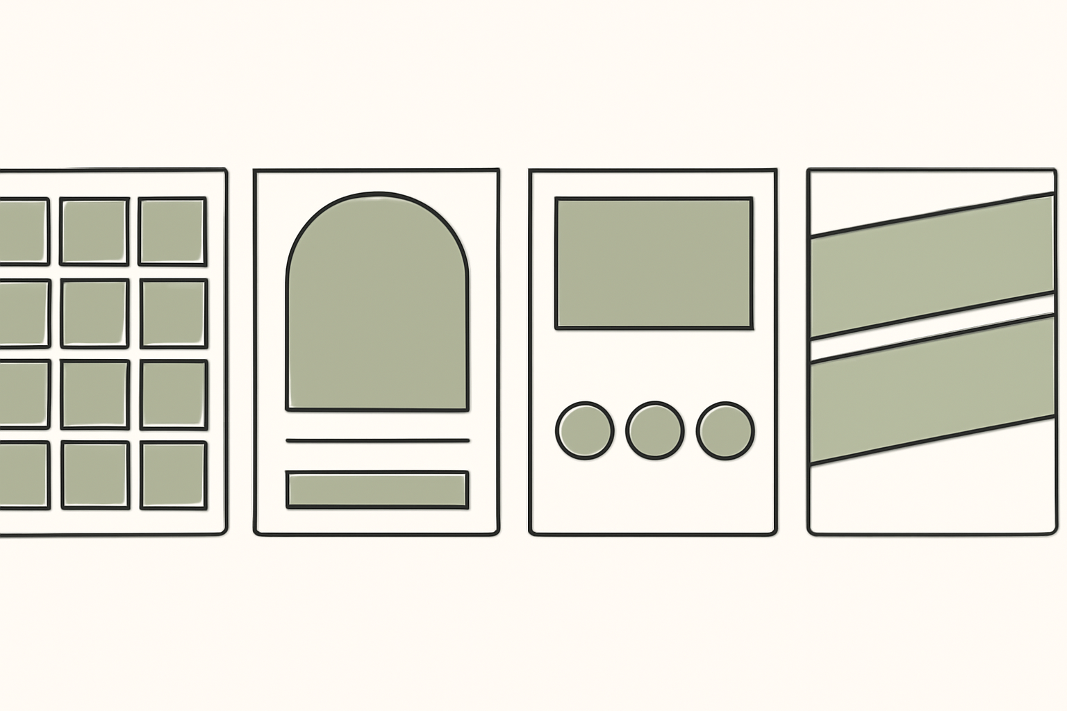 Four flat layout skeletons for baby keepsakes: a twelve-cell grid page, an arch-top announcement, a photo with three circular medallions, and a diagonal split
