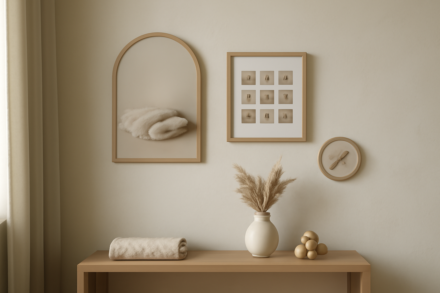Nursery corner with an arch-top print, a nine-photo grid print and a small circular print above an oak shelf