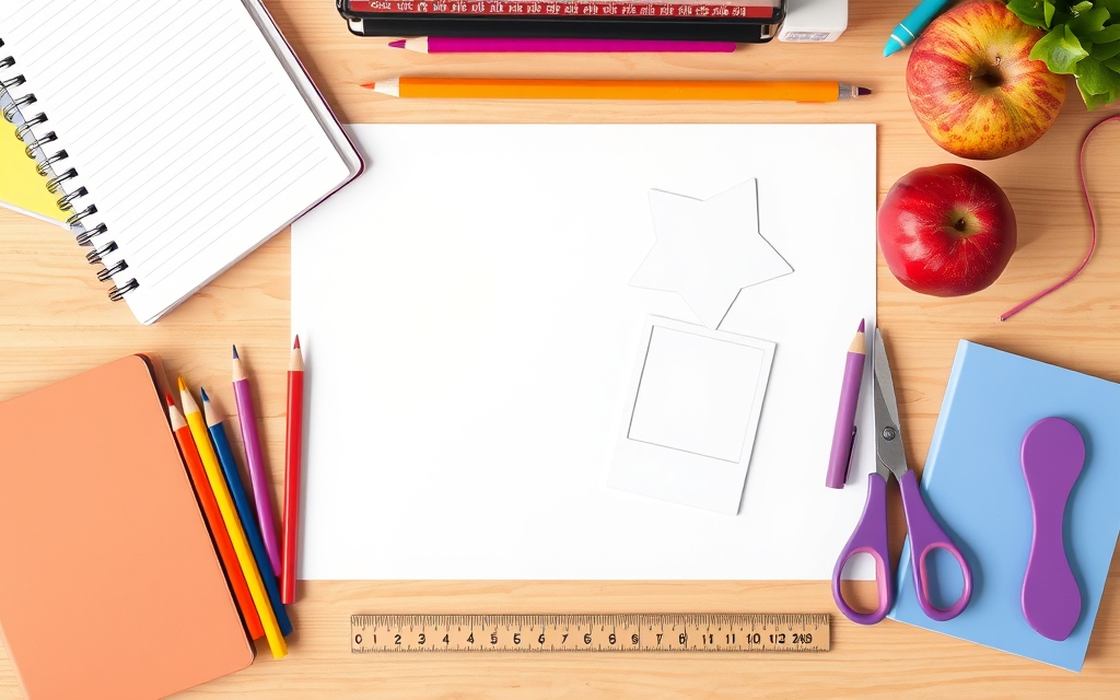 Back-to-school desk with school supplies and Canva photo frames
