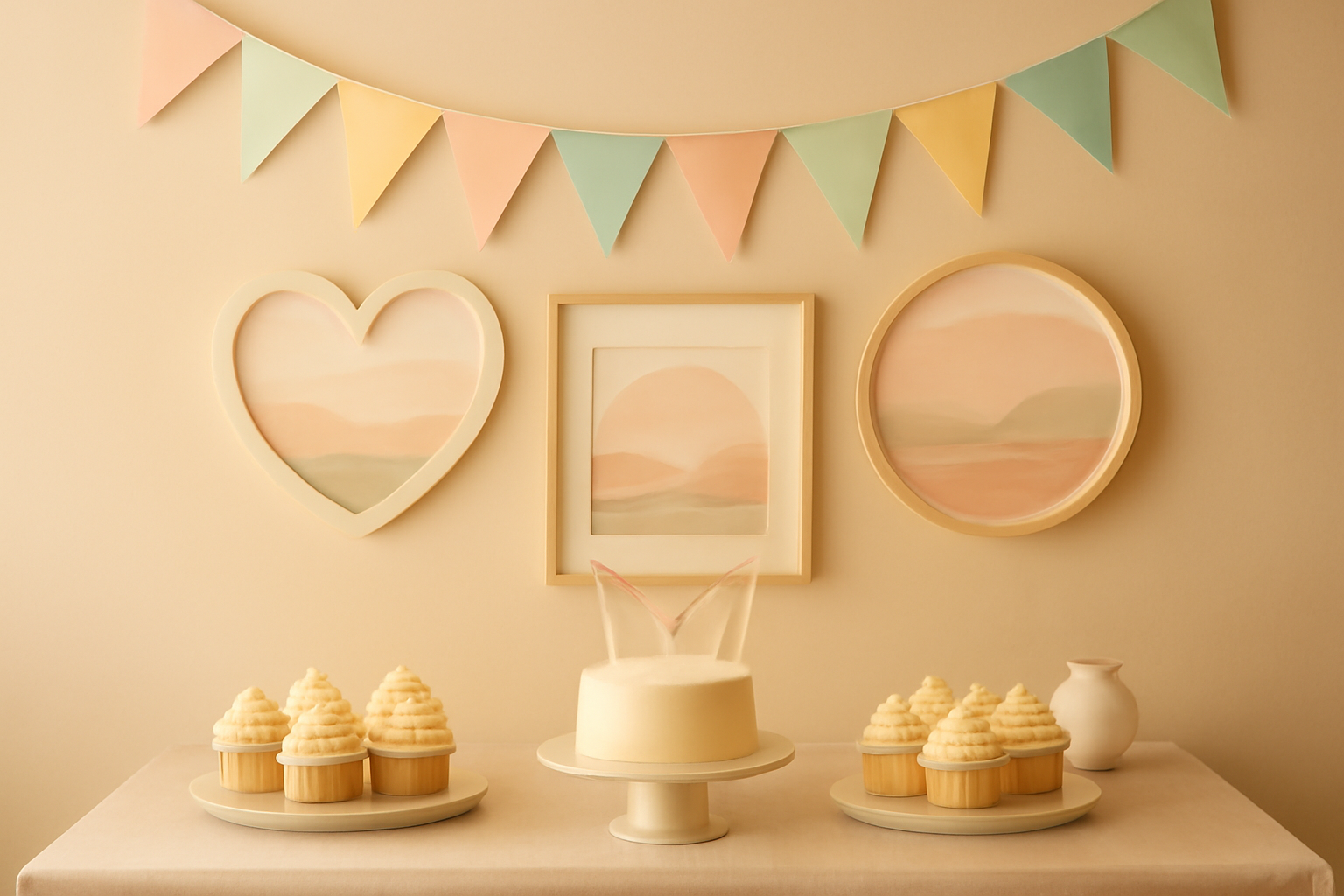 A pastel baby shower table with bunting, shaped frames on the wall, cupcakes and a cake