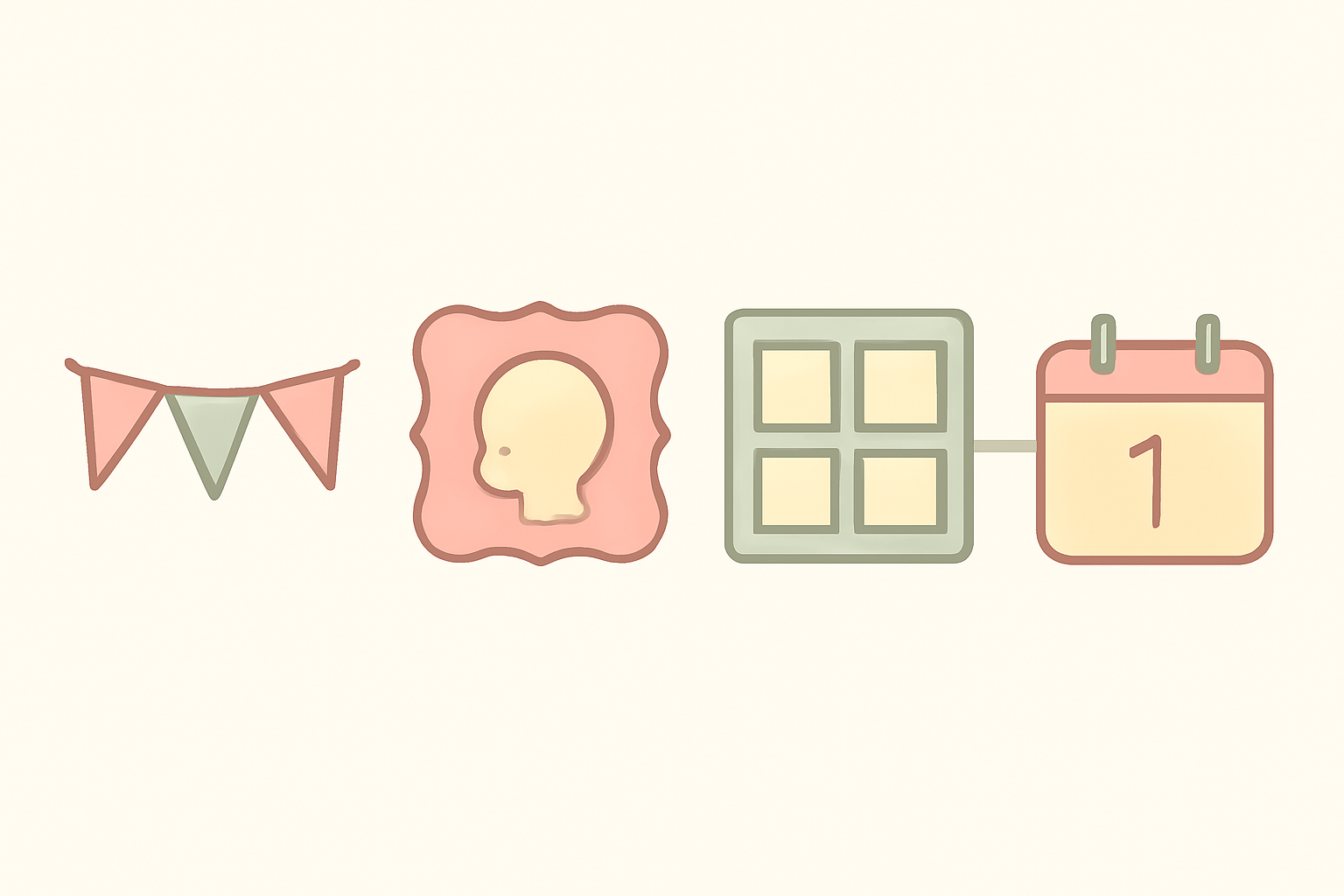 Four pastel icons: bunting, a shaped photo frame, a photo grid and a countdown calendar