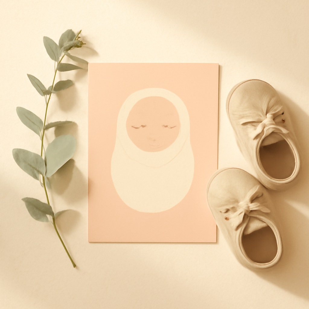 Soft pastel birth announcement card with baby shoes and eucalyptus