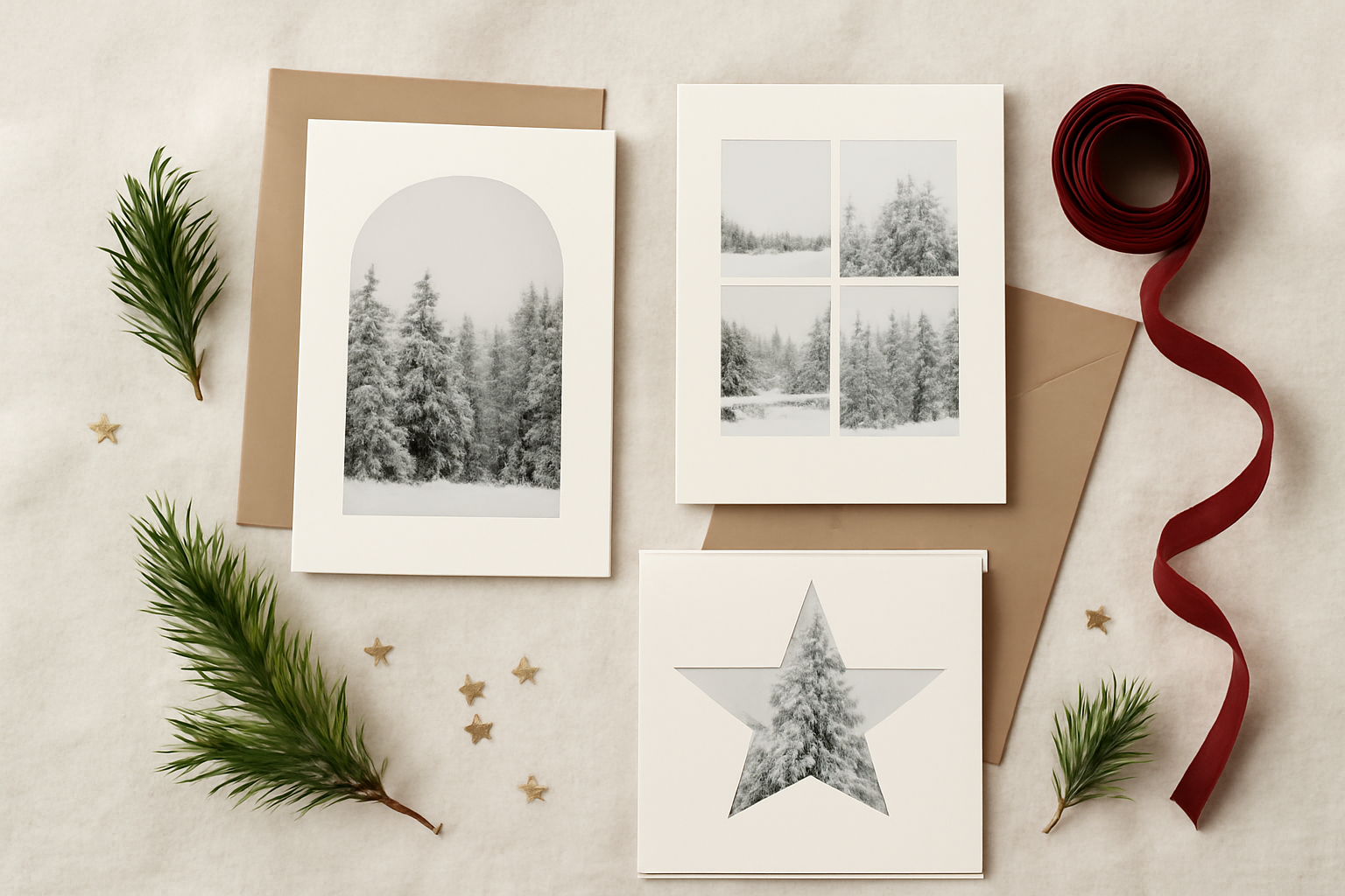 Three printed holiday photo cards laid out with envelopes, pine sprigs and ribbon — one arch-cropped photo, one four-photo grid, one star-shaped photo