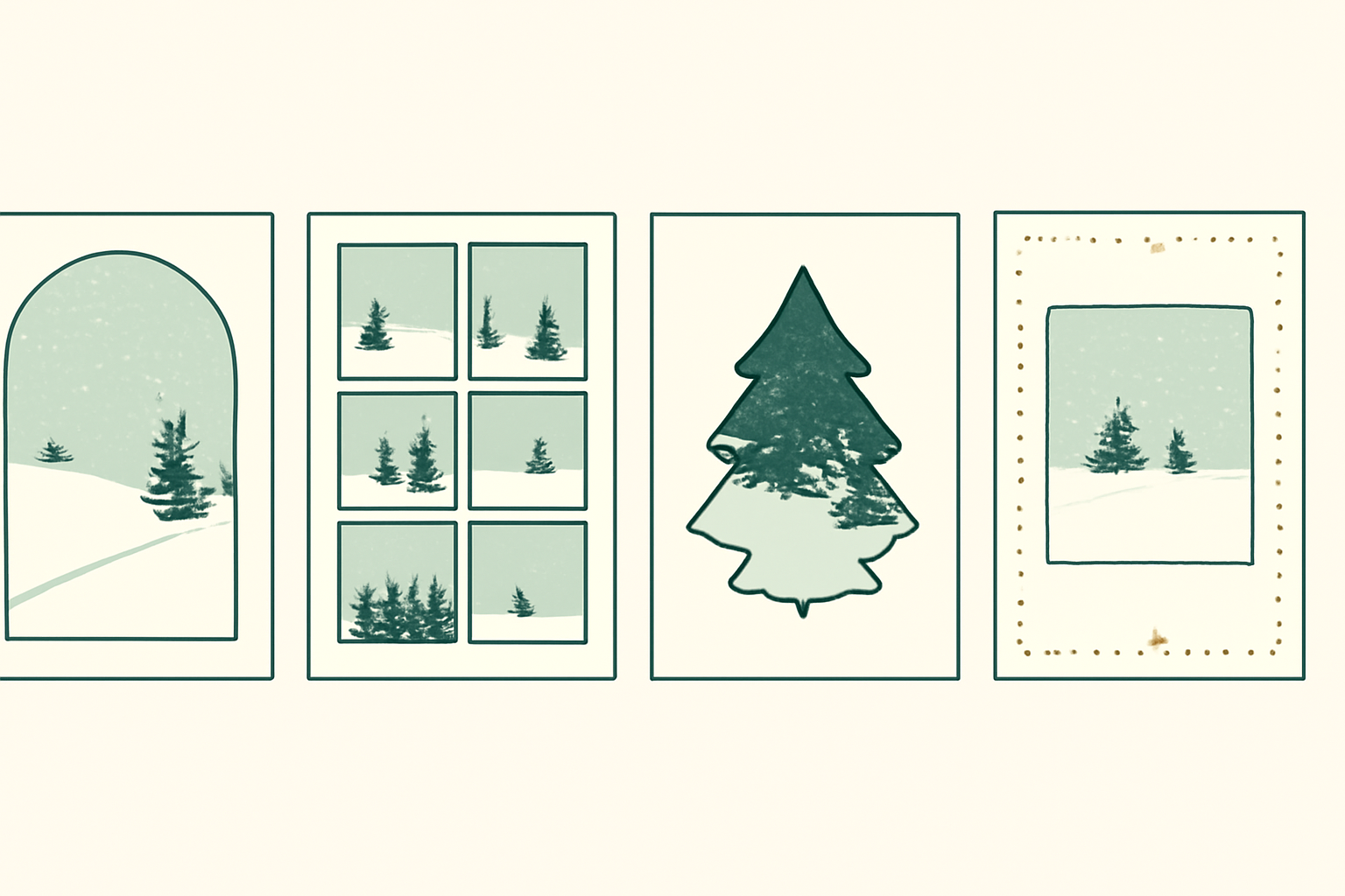 Four holiday card layout diagrams: arch photo, six-photo grid, tree-shaped photo, and a dotted decorative border around a square photo