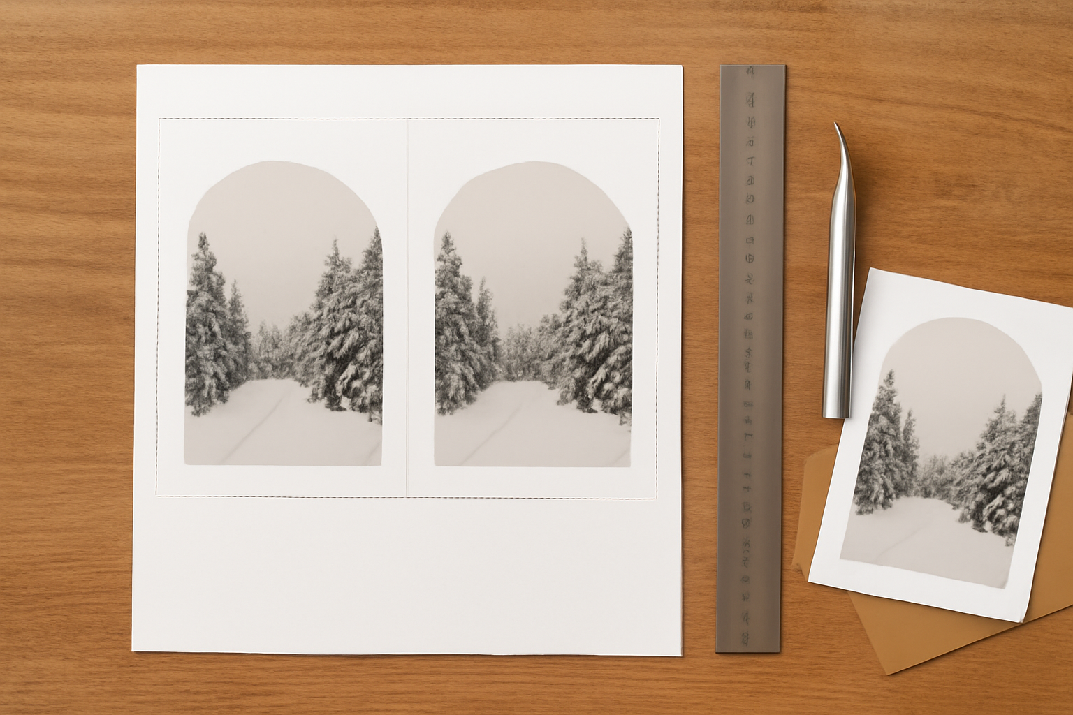 A letter sheet printed with two 5x7 holiday cards and dashed cut lines, beside a ruler, craft knife, one trimmed card and an envelope