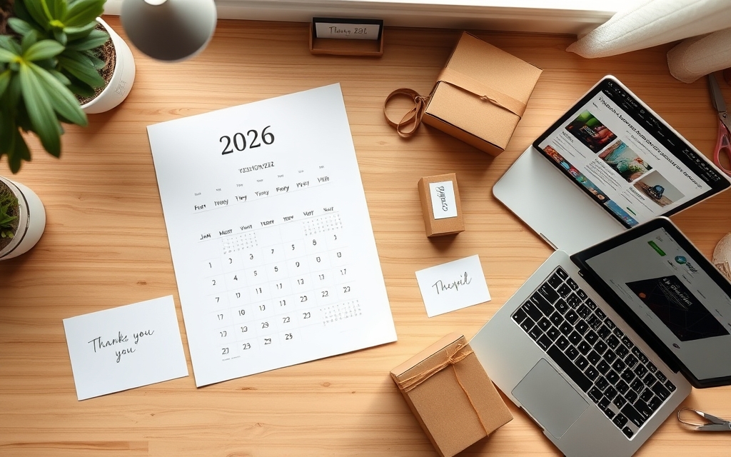 Etsy seller desk with a printable 2026 calendar, packaging and a laptop showing a listing