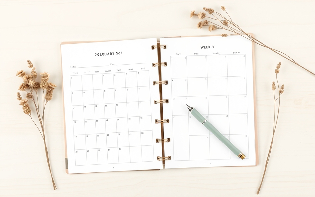 Printable monthly calendar page and weekly planner spread on a wooden desk