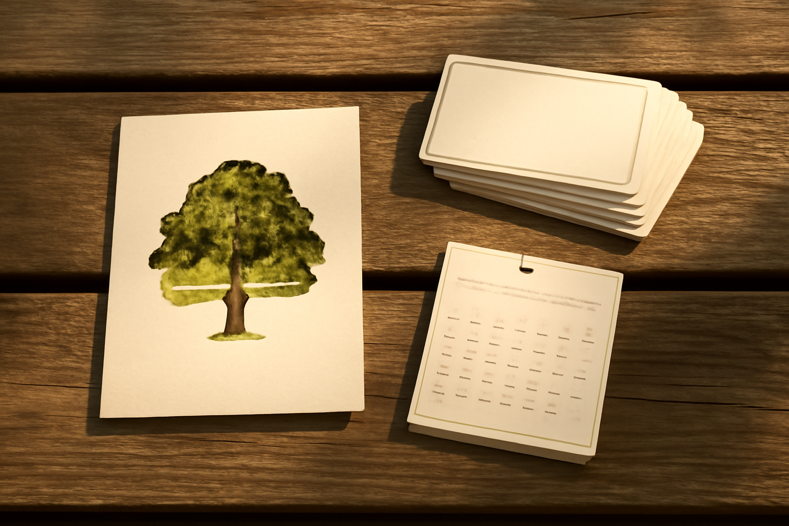 Family reunion printables on a wooden table: a tree-shaped photo invitation, name tags and a wall calendar