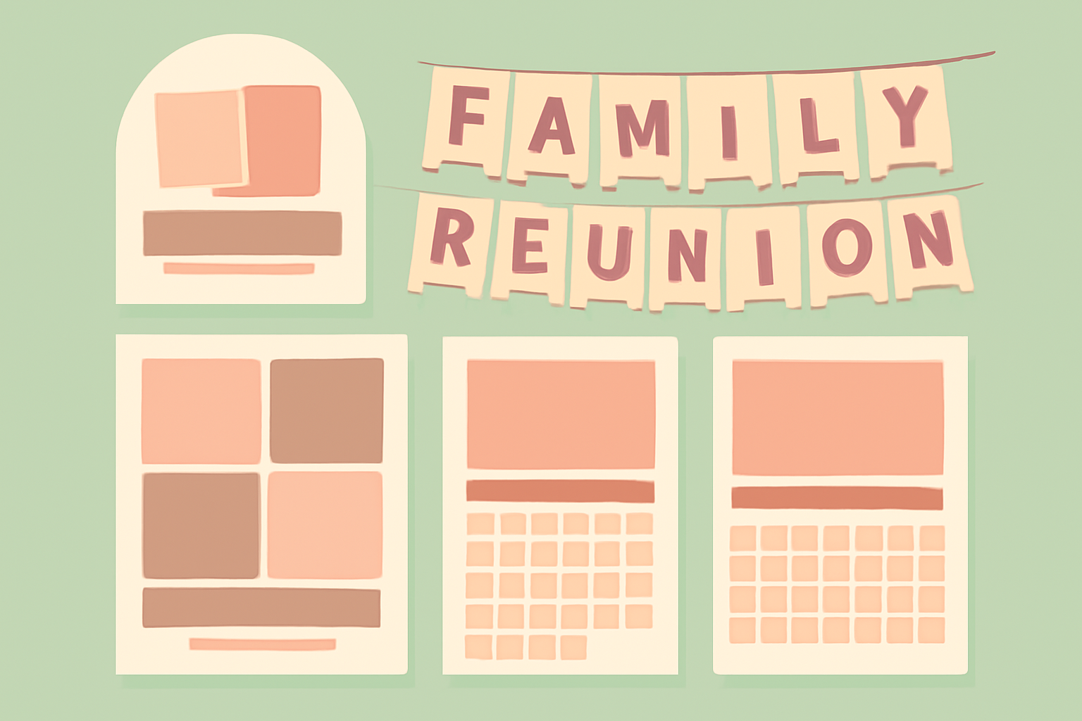 Overview of a reunion kit: shaped photo invitation, photo-letter banner, photo grid and calendar pages