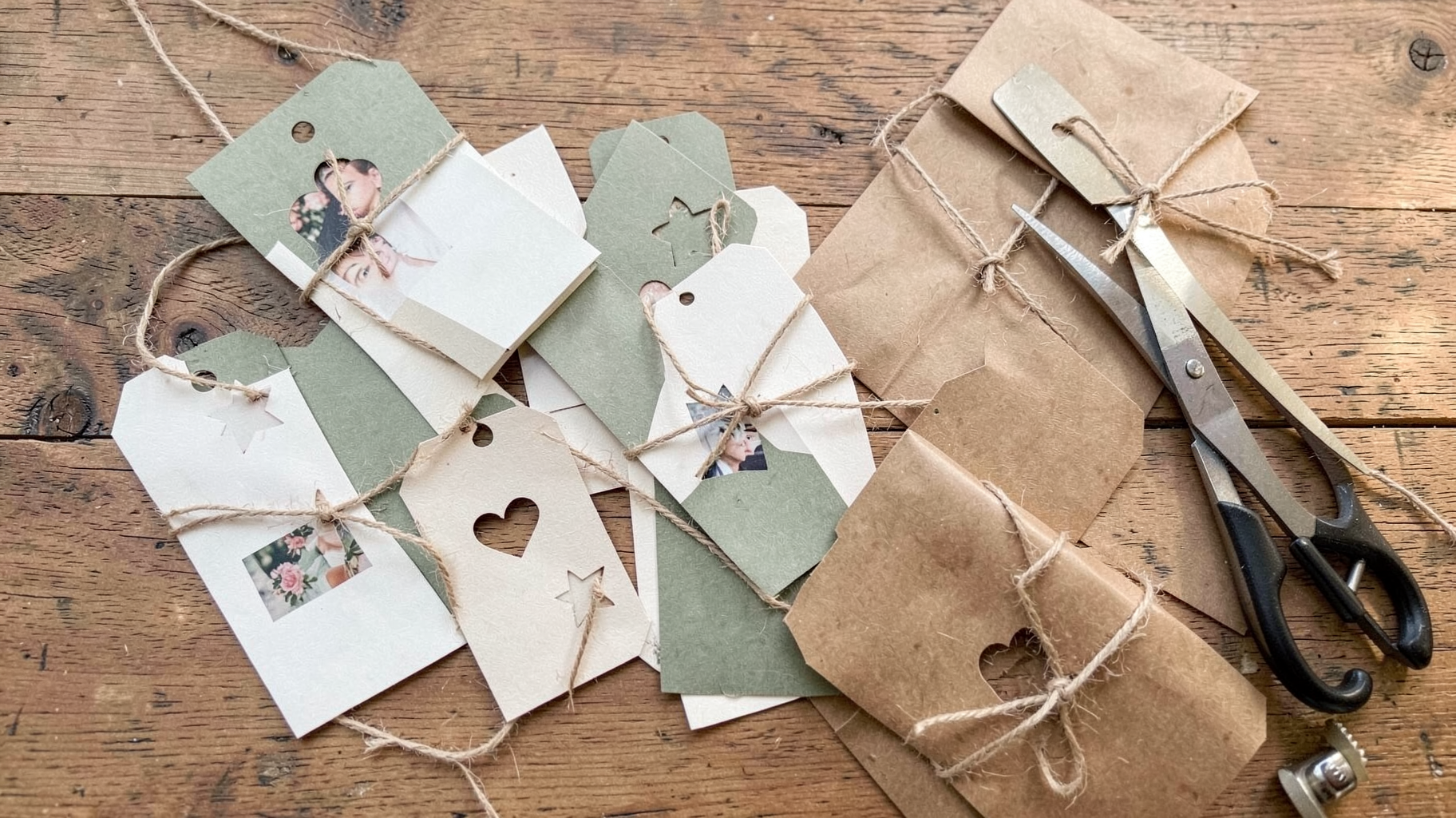 Handmade printable gift tags with photos, tied to kraft paper parcels