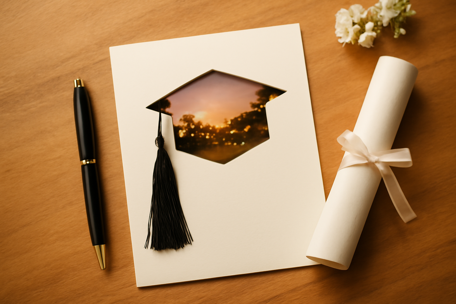 Graduation announcement card with a cap-shaped photo window, tassel, diploma and pen on a wooden desk