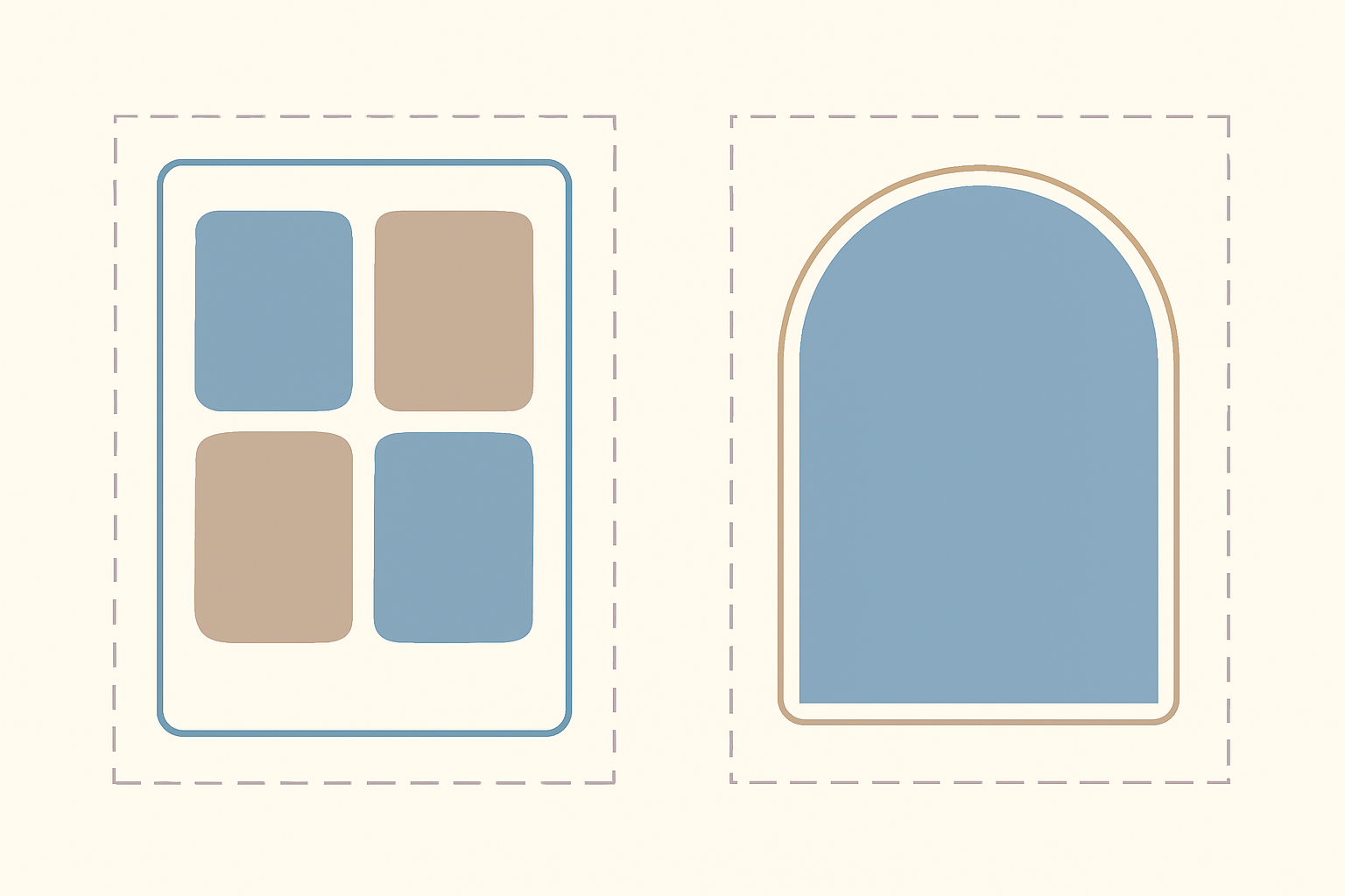 Two card layout diagrams side by side: a rounded four-photo grid collage and a pill-shaped arched photo panel