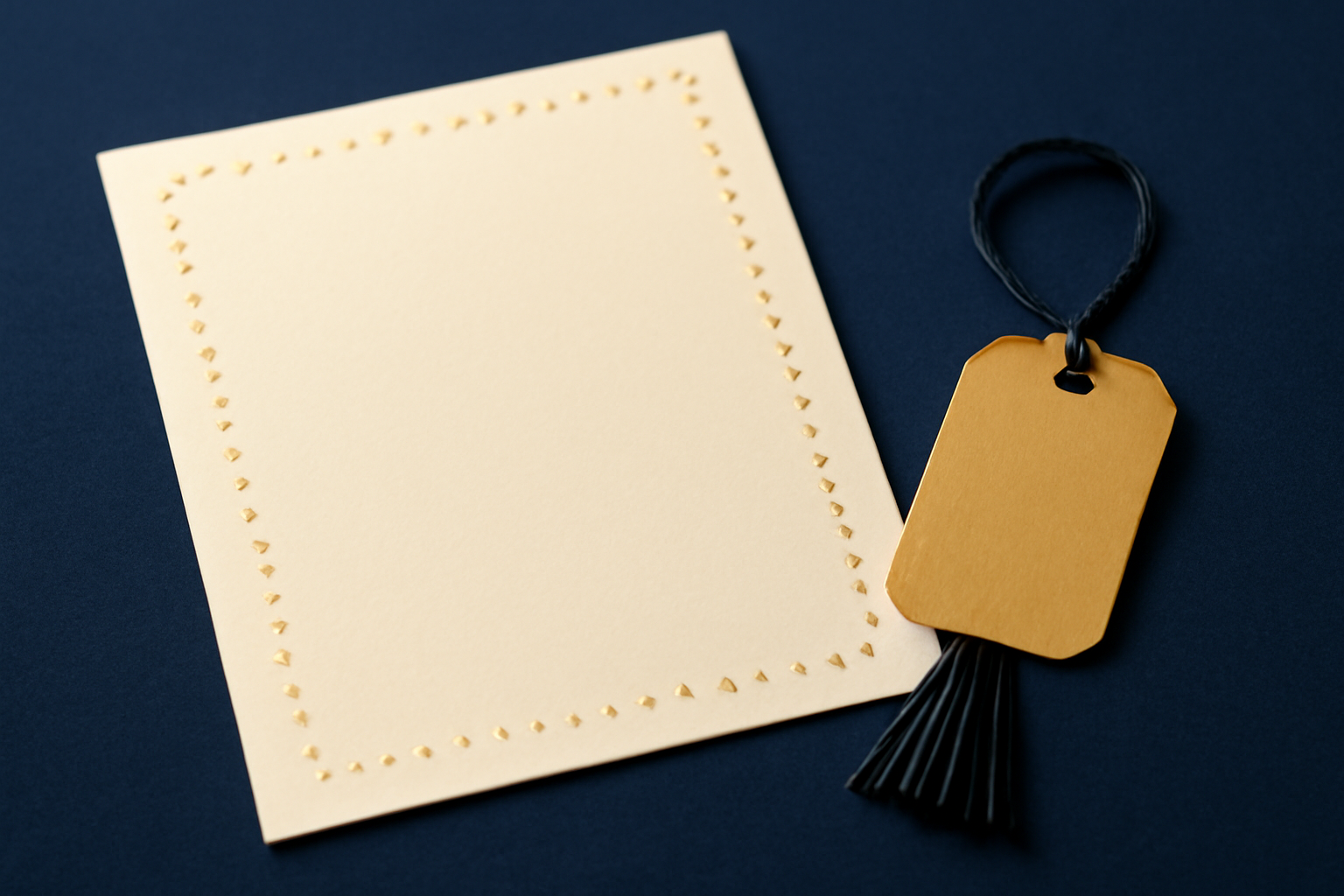 Cream graduation invitation card with a dotted gold border and a matching gold gift tag on a navy background