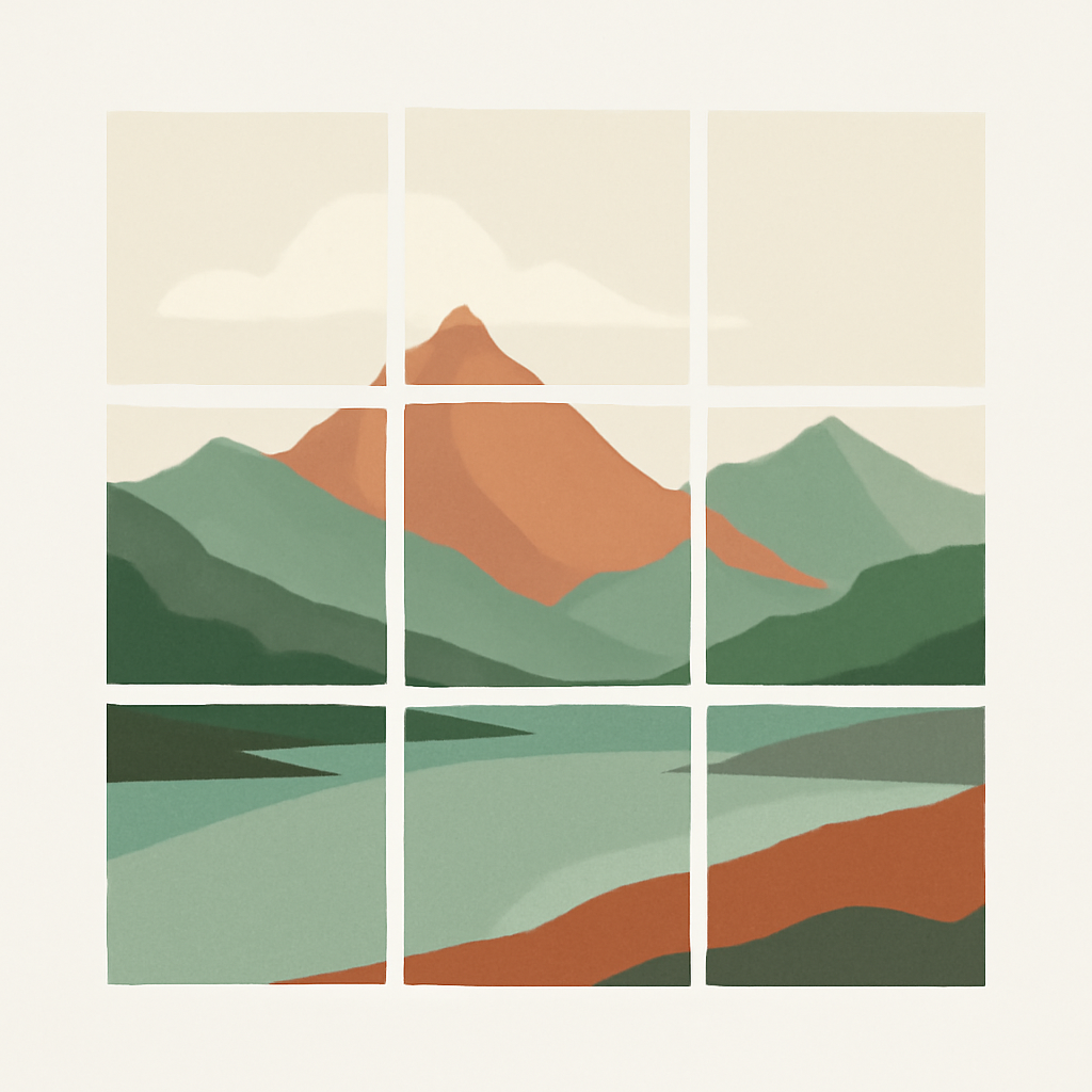 A 3x3 grid of photo tiles forming one continuous landscape, the classic Instagram grid puzzle layout