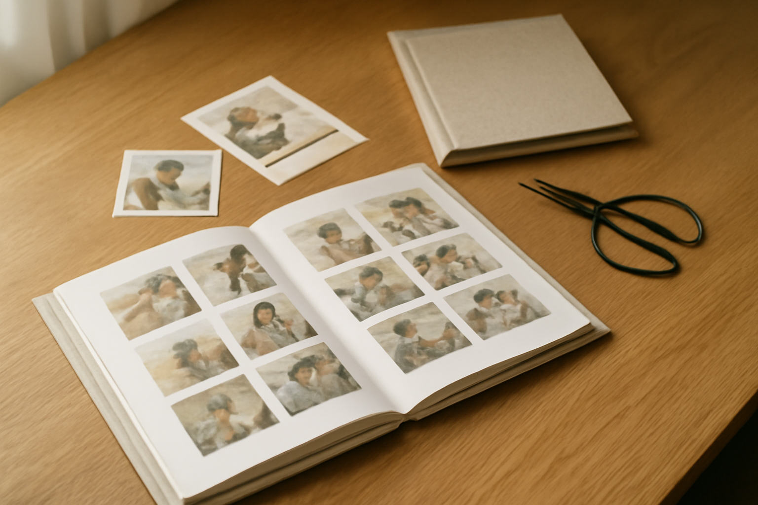 An open photo book on a desk beside loose prints