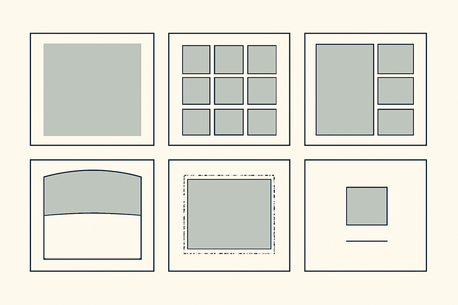 Six photo book page layouts shown as simple wireframes