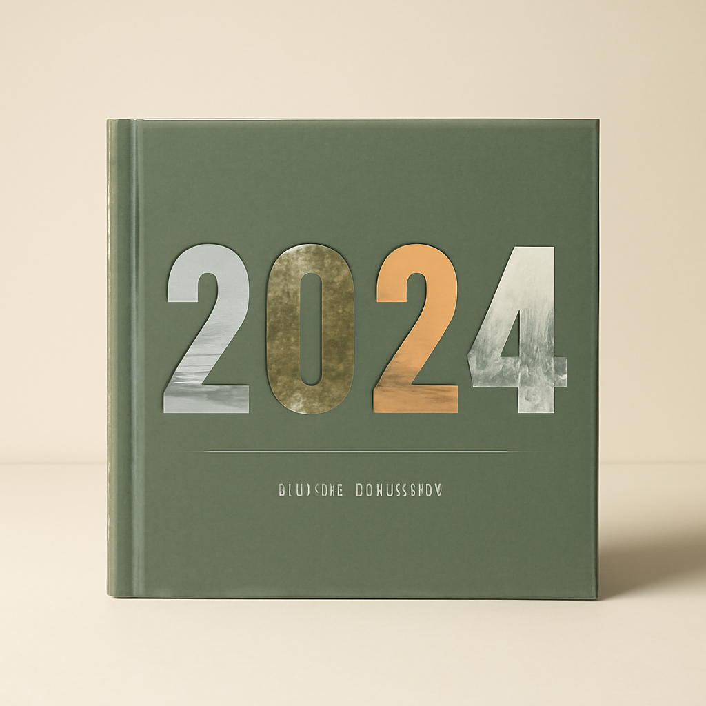 A sage green photo book cover with the year set in photo-filled numerals