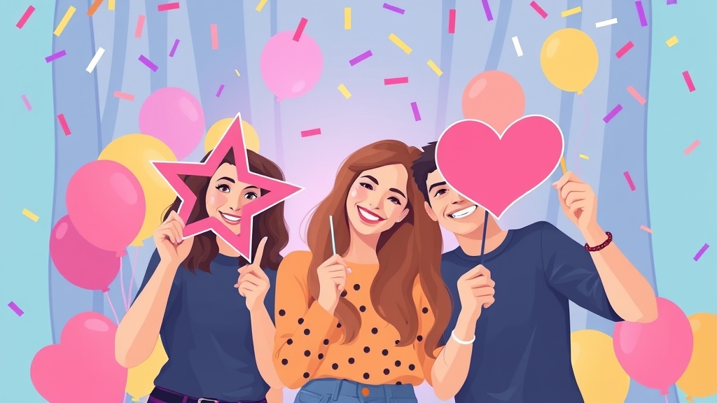 Friends at a photo booth holding custom star and heart frame props