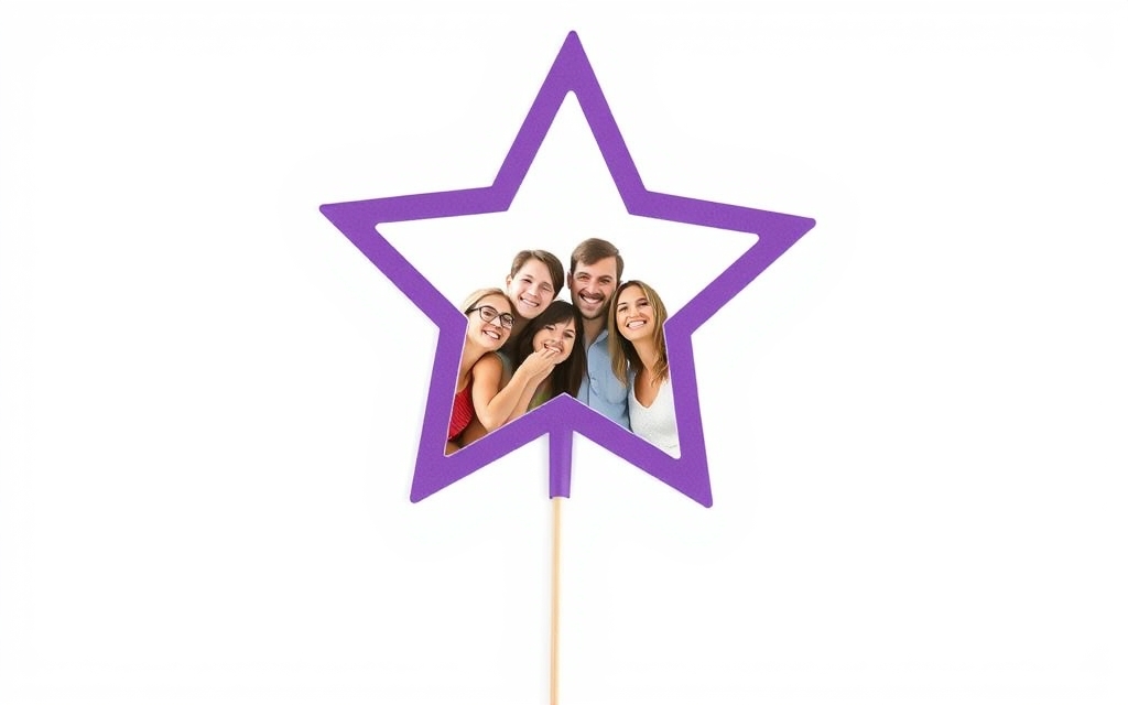 A custom star-shaped photo booth prop frame filled with a group photo