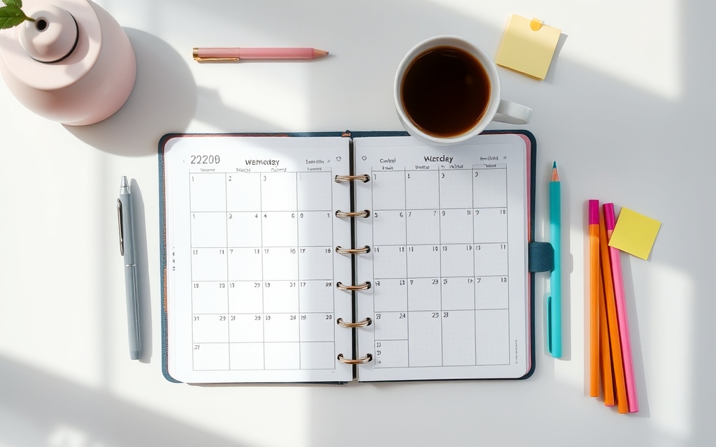 Planner desk flat lay with a monthly calendar, weekly pages, sticky notes and pens