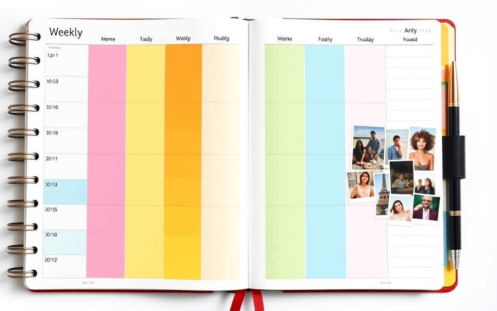 A weekly planner spread with colored time blocks, a habit tracker and a photo vision board corner