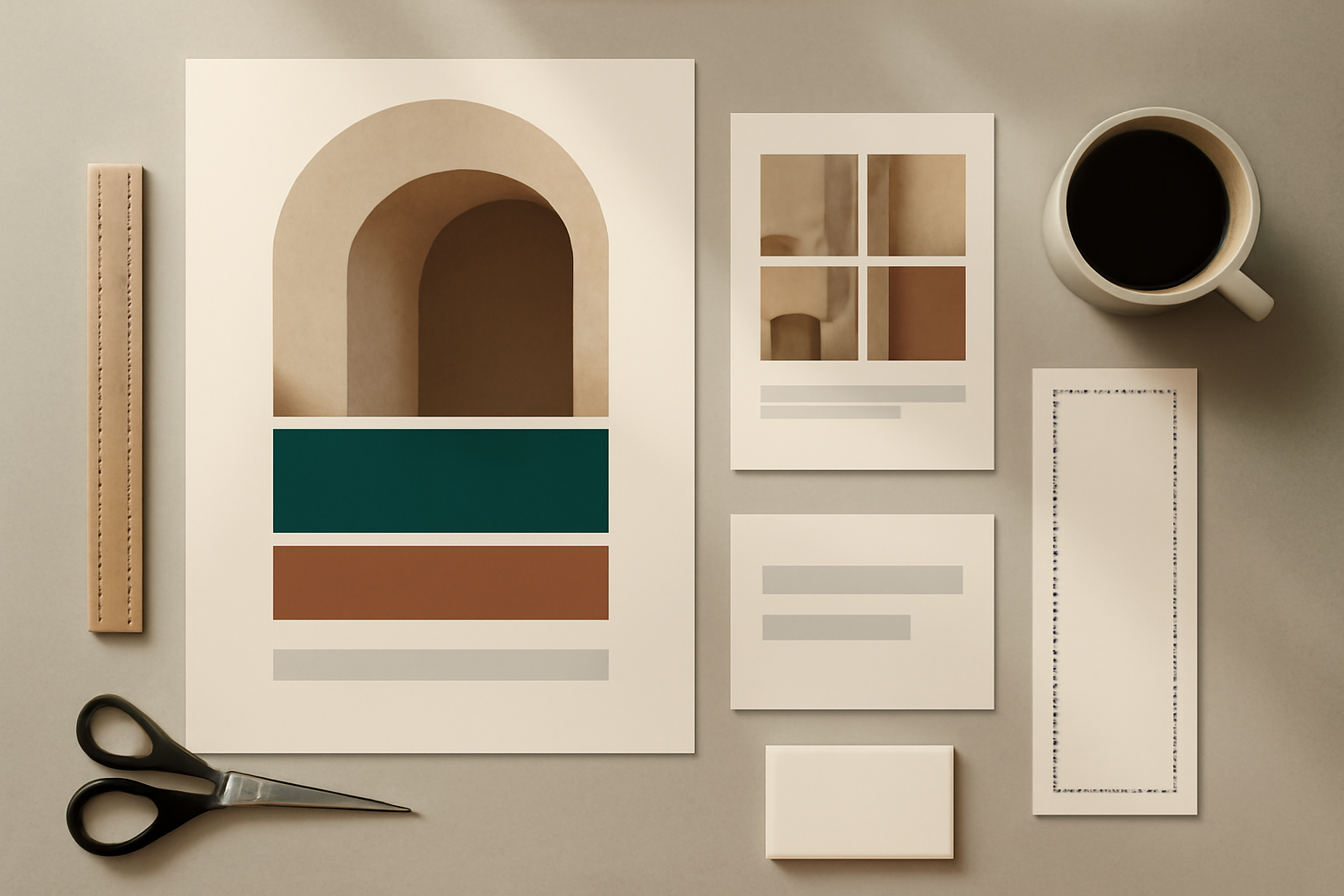 Three printed posters and flyers laid out on a desk with scissors, a ruler and a mug of coffee