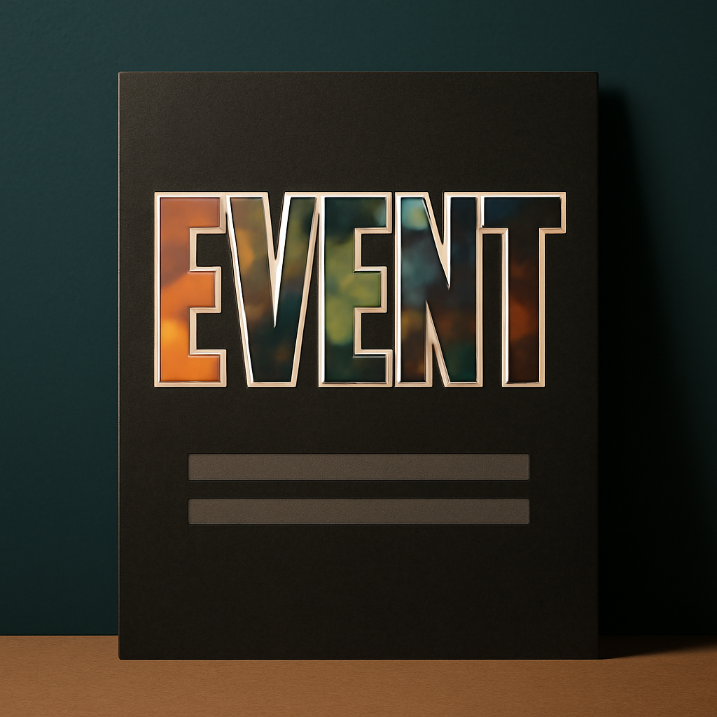 A dark event poster with the headline word filled with different photographs in each letter