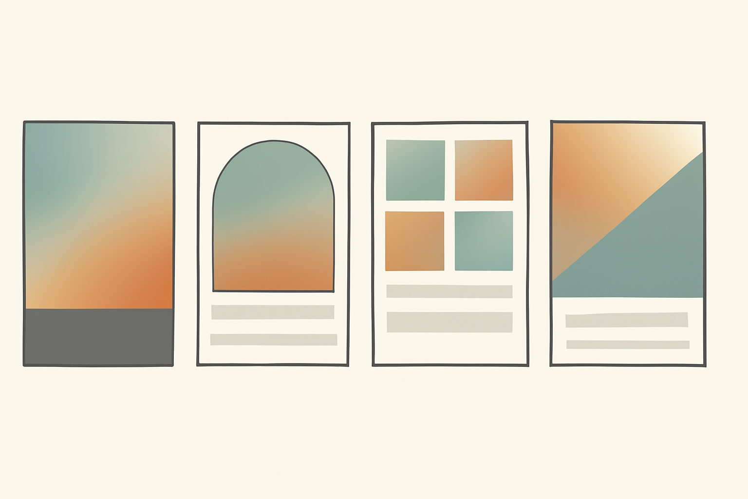 Four poster layout skeletons: full-bleed hero, arch panel, four-photo grid, and diagonal split