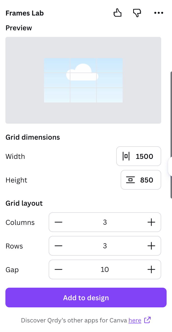 Frames Lab Grid mode with columns, rows and gap controls