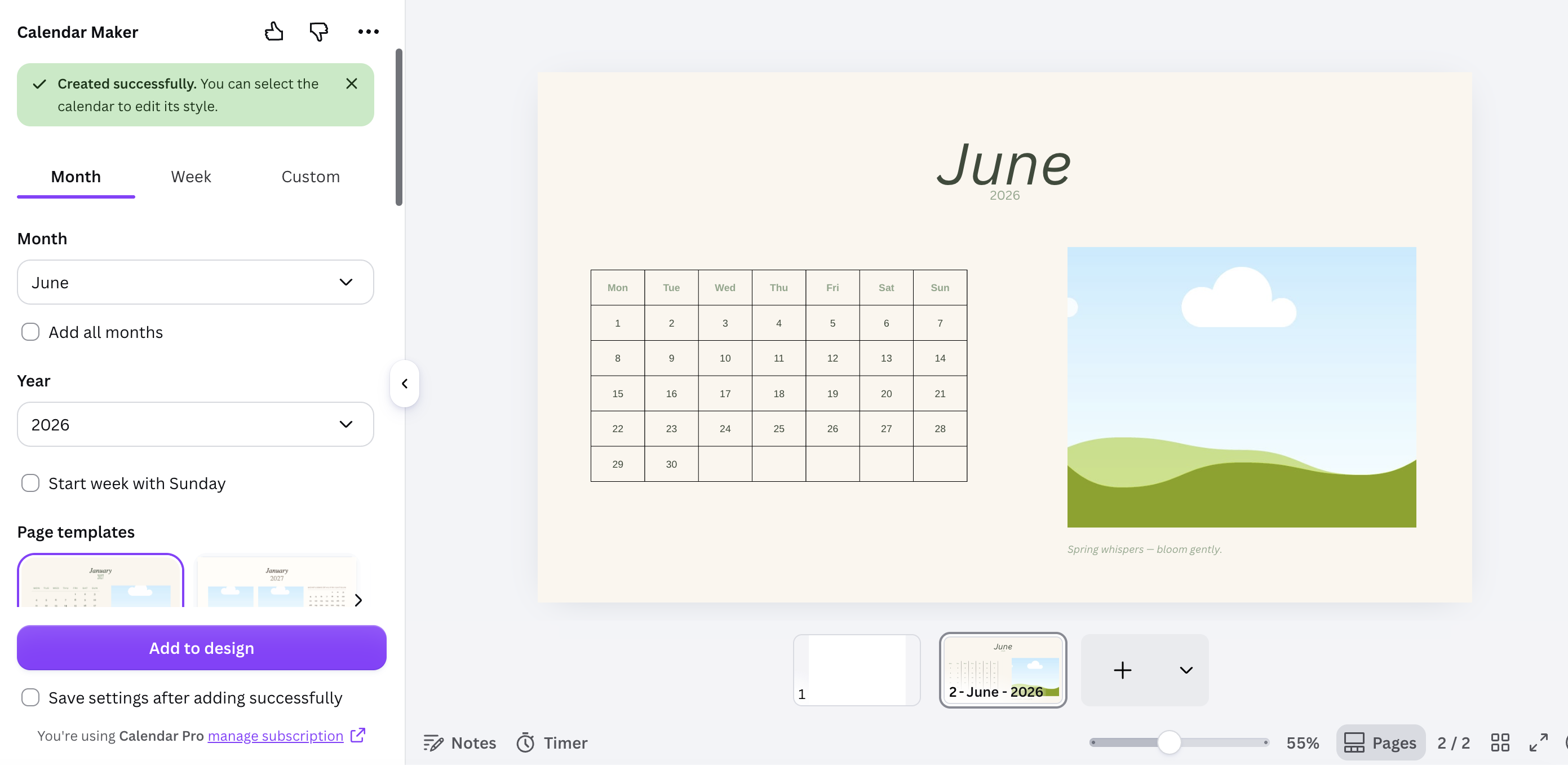 A finished monthly calendar page generated by Calendar Maker in Canva