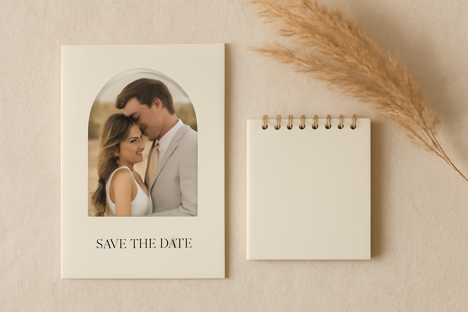A save the date photo card with an arch-shaped photo cut-out next to a blank spiral calendar pad