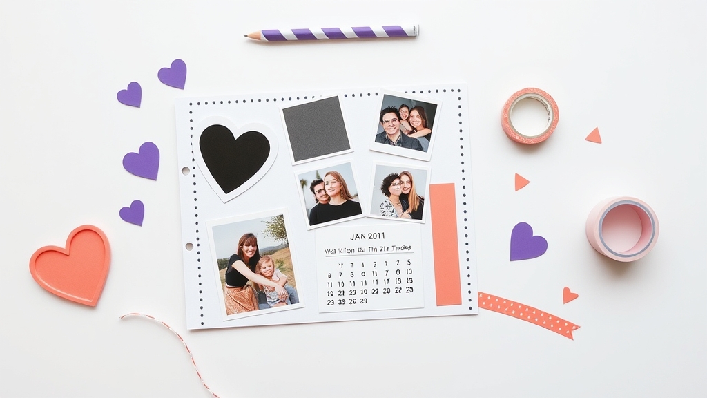 A digital scrapbook page in progress with heart and photo frames, a dotted border, a small calendar, and washi tape on a pastel background