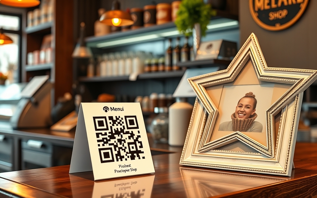 Shop counter with a QR menu table tent and a product photo in a custom star frame