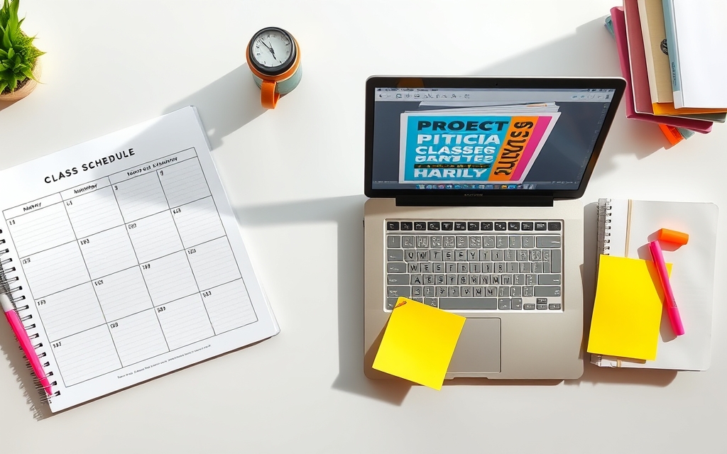 Student desk with a printable class schedule, laptop and study notes