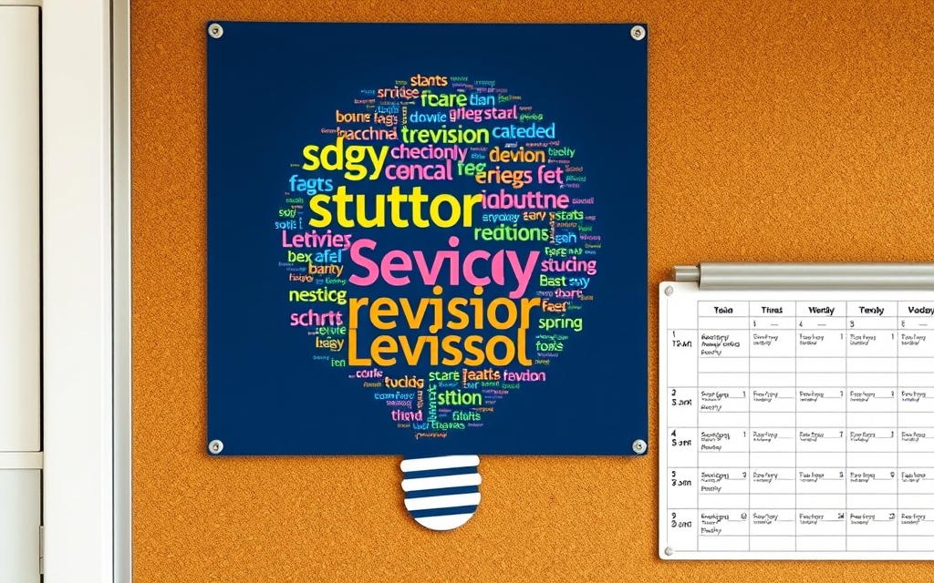 Revision word cloud shaped like a lightbulb pinned on a study board next to a timetable