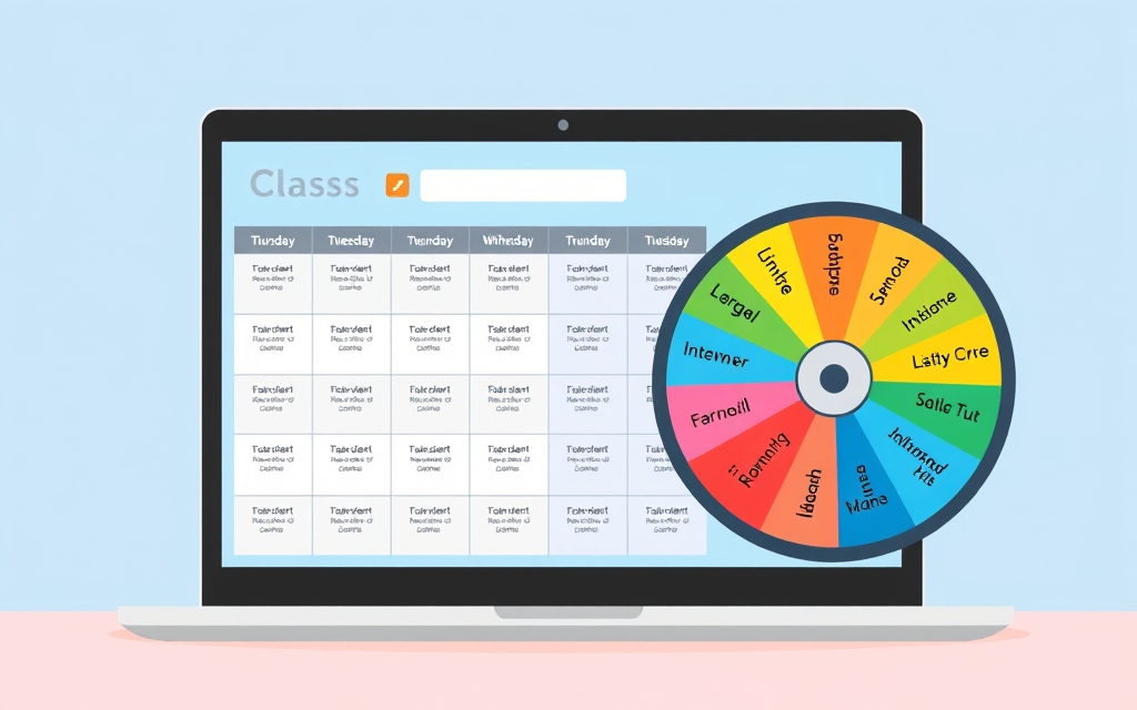 Class schedule grid and a spin wheel of student names on a laptop