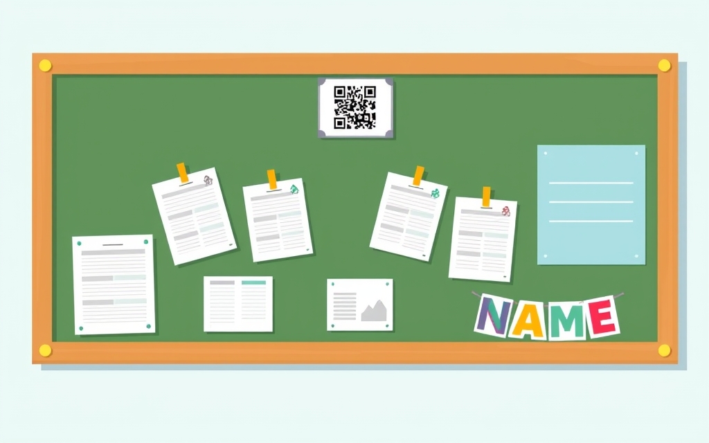 Classroom bulletin board with a dotted border, worksheets, a QR code and a photo name banner