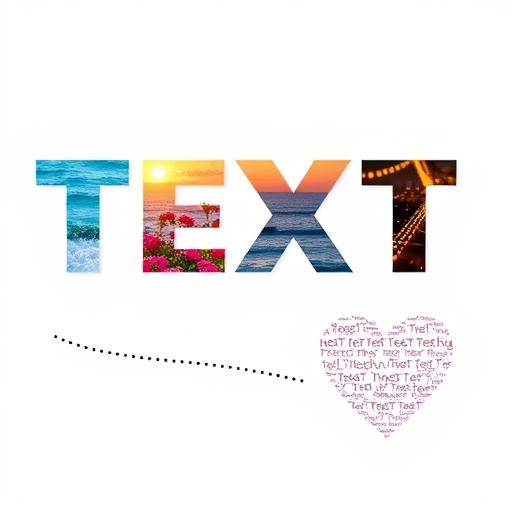 Creative Canva text effects: photo-filled letters, curved text on a path, and a heart-shaped word cloud