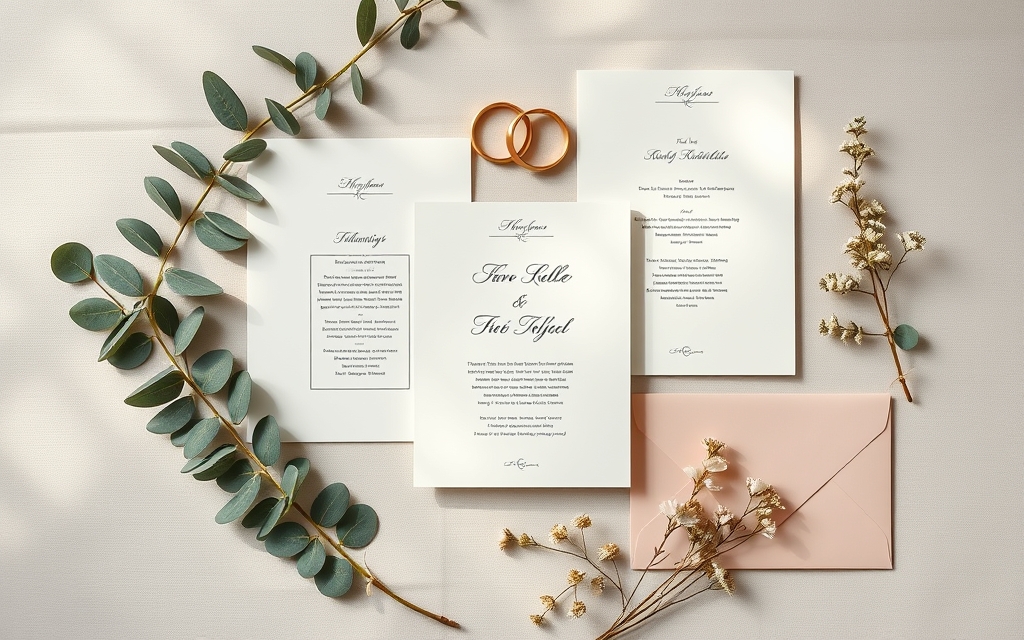 Elegant wedding stationery flat lay with invitation suite, greenery and gold rings