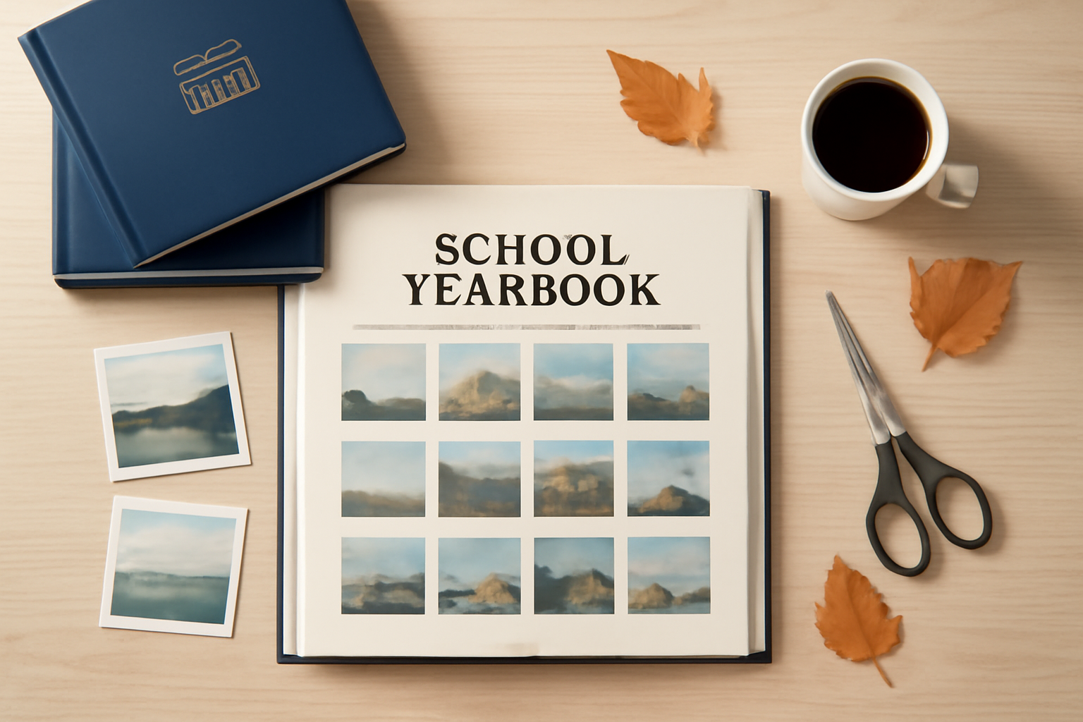 Open yearbook spread on a desk with printed photos and scissors