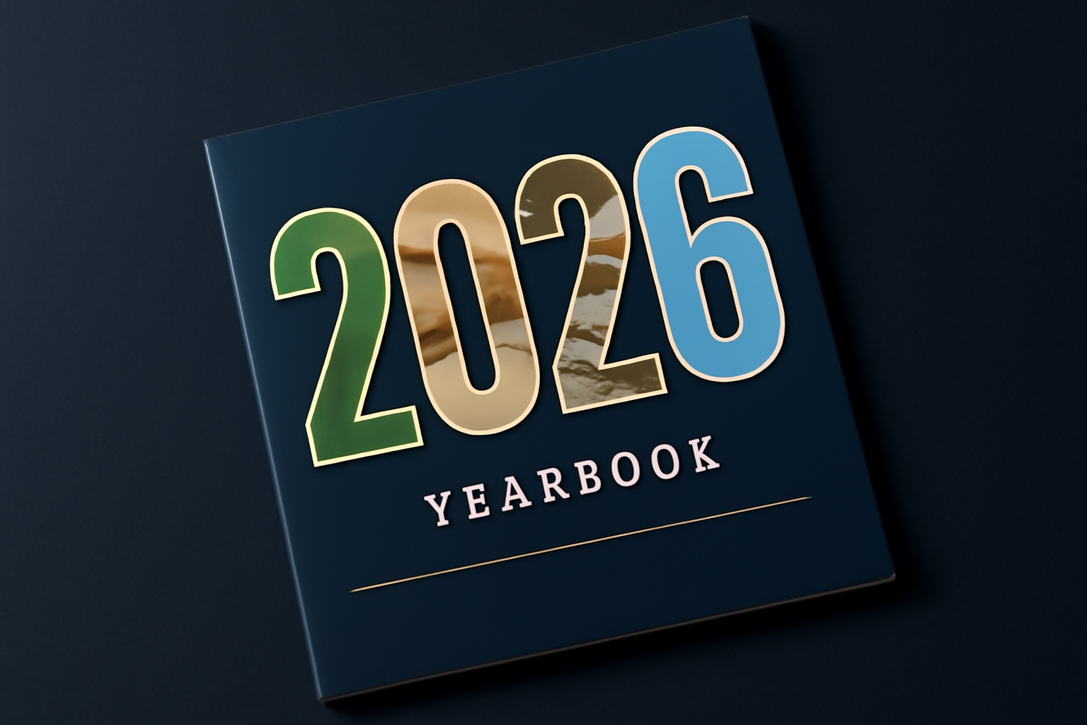 Navy yearbook cover with the year 2026 filled with photographs