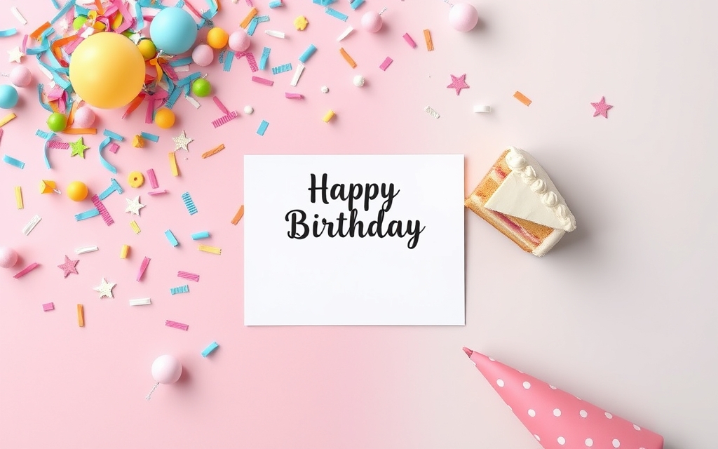 Birthday design flat lay with confetti, cake and an invitation card