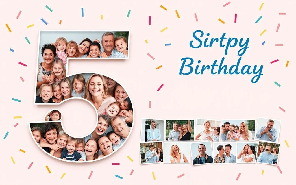 A birthday number 5 filled with family photos next to a strip of celebration snapshots