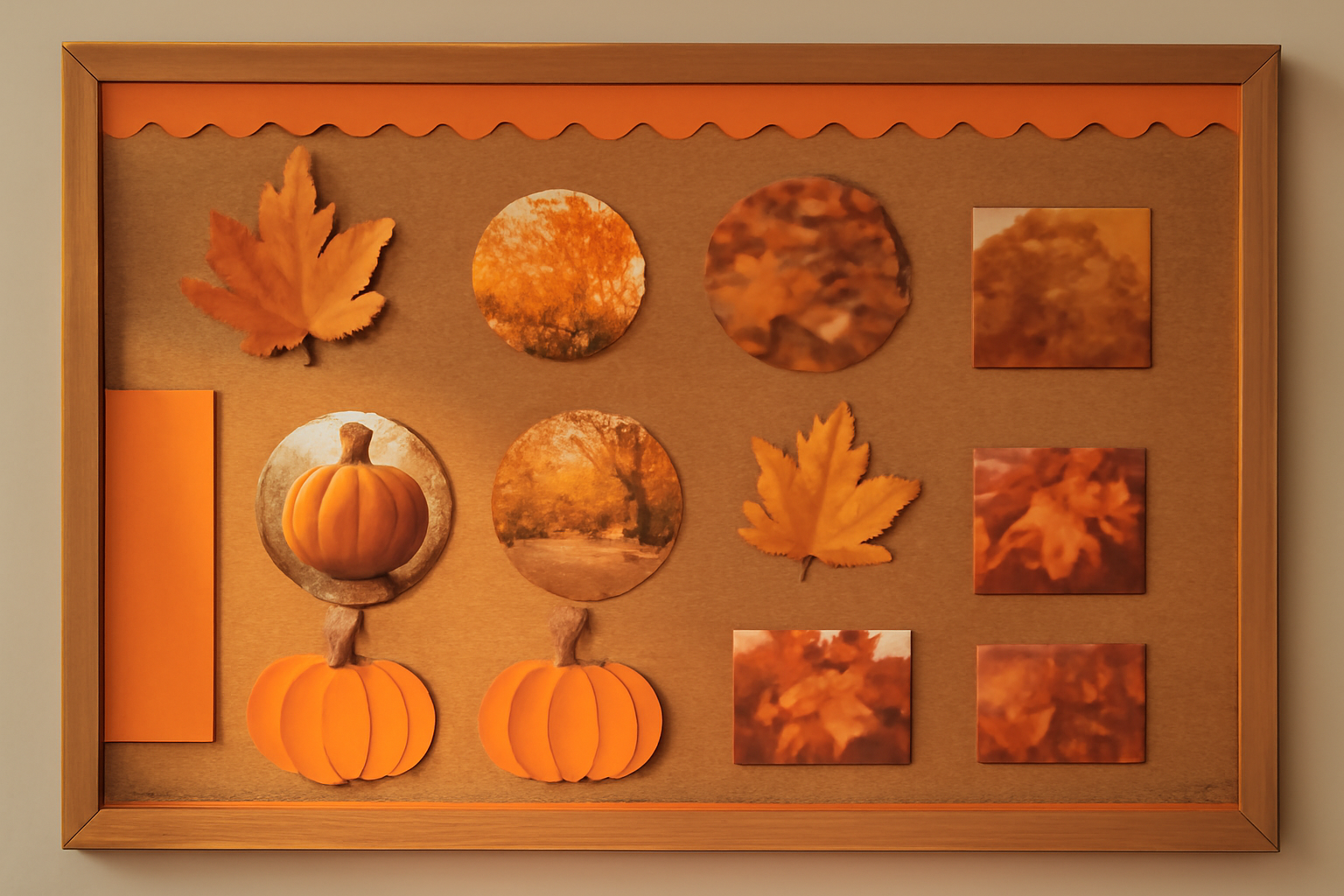 A fall classroom bulletin board with photos cut into leaf and circle shapes, paper pumpkins and a scalloped orange border