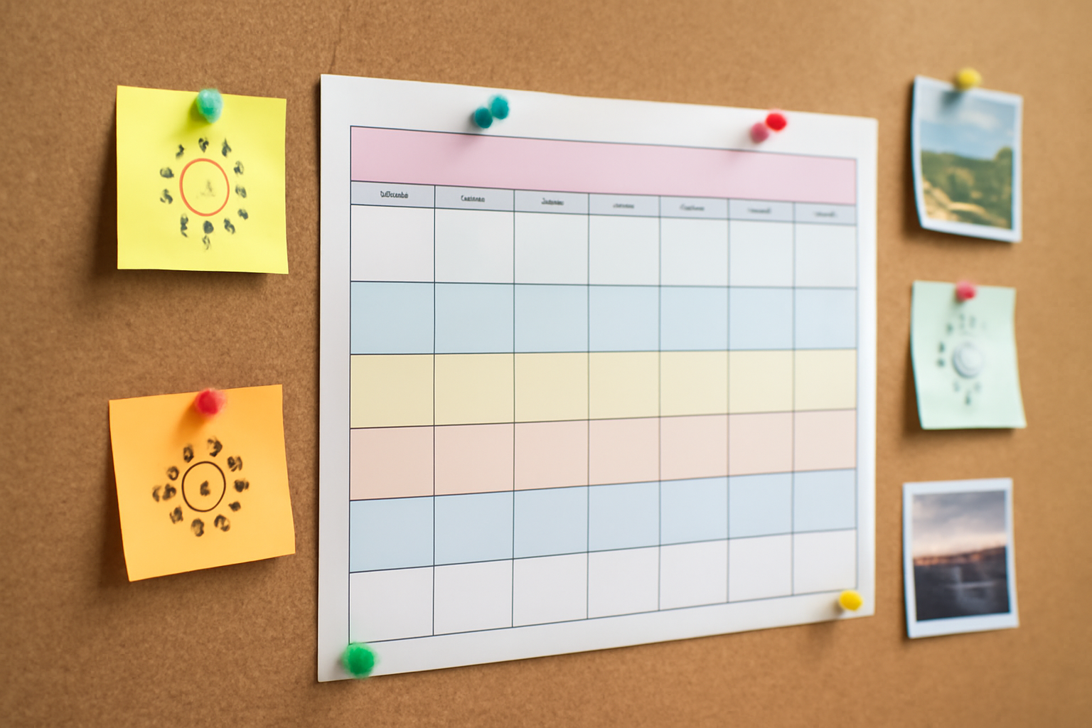 A printed pastel monthly calendar grid pinned to a cork bulletin board with sticky notes and small photos around it